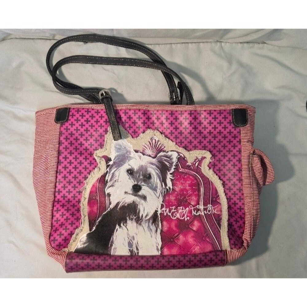 Fuzzy Nation Tote Bag Pink Striped Terrier Yorkie Purse Shoulder Handbag